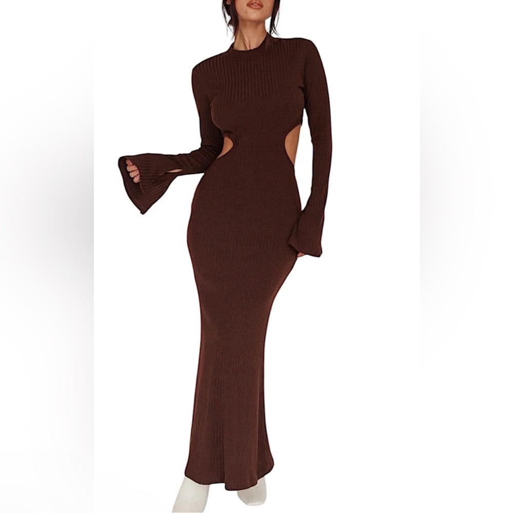 New Long Sleeve chocolate Brown Maxi Dress
